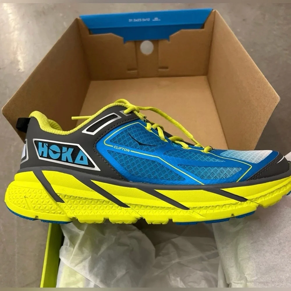 New Hoka Neon Yellow and Blue Athletic Shoes - Picture 2 of 7